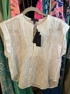 rag & bone White Eyelet Pintuck Cap Sleeve Blouse